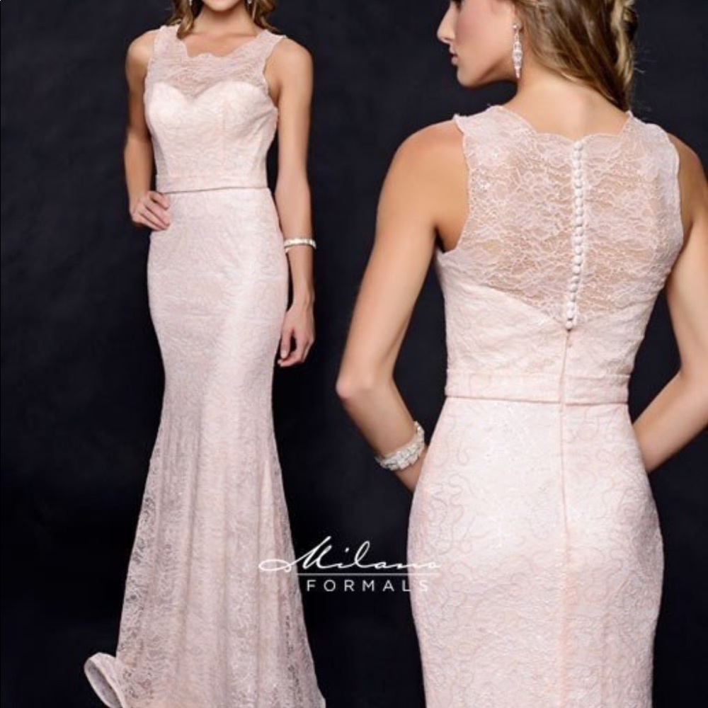 Milano Formals Peach lace Bridesmaid prom dress